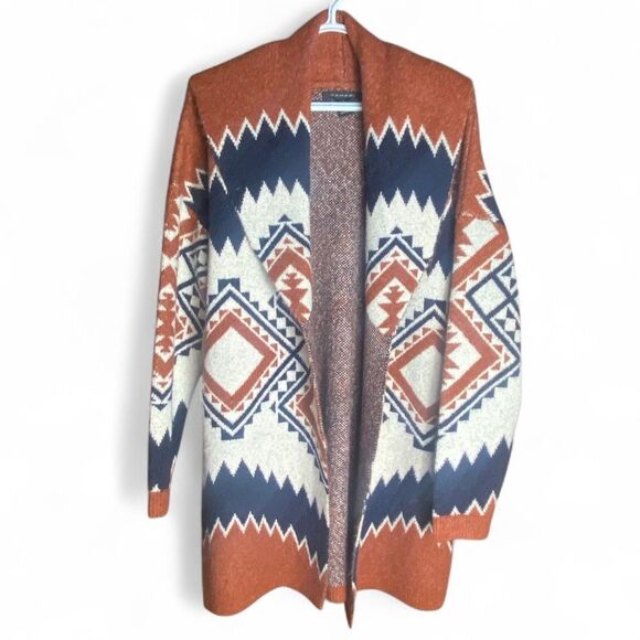 Tahari Aztec Cardigan Sweater Rust Navy Cream Geometric Open Front Women’s Mediu - Picture 2 of 6